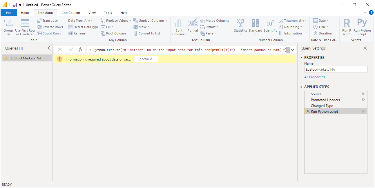 Captura de tela do painel Editor do Power Query mostrando o aviso sobre privacidade de dados.