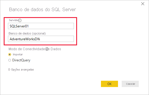 Captura de tela da caixa de diálogo banco de dados do SQL Server.