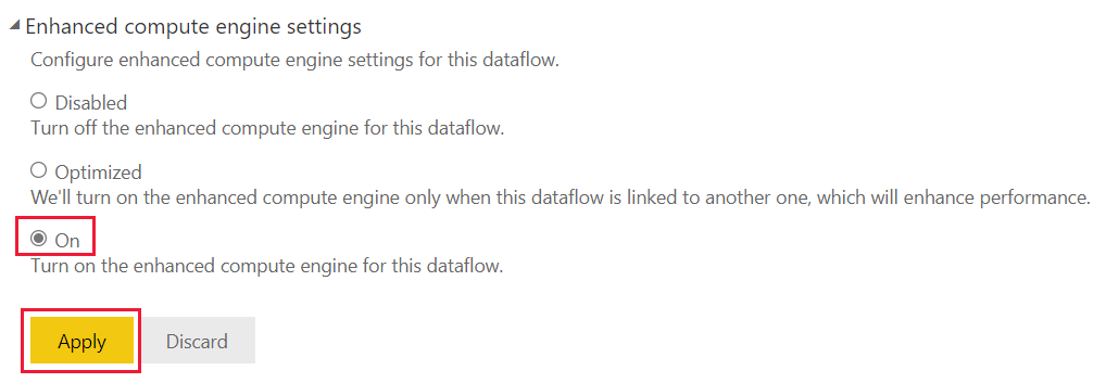 Captura de tela das configurações do mecanismo de computação aprimorado com a opção de seleção ativada e o botão Aplicar realçado.