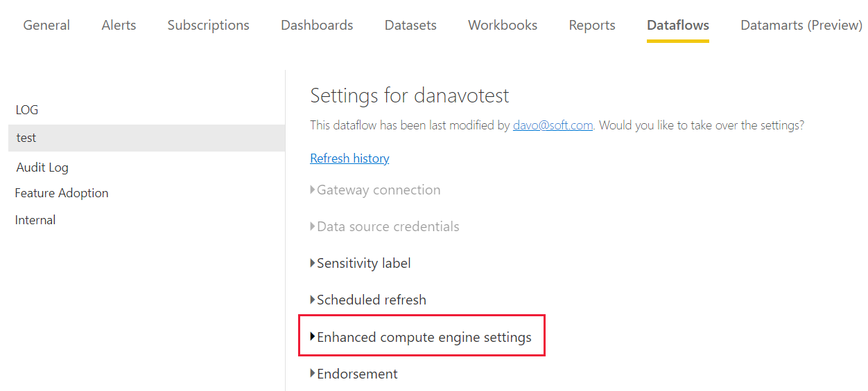 Captura de tela da página de configurações de fluxos de dados com as configurações do mecanismo de computação aprimorado realçadas.