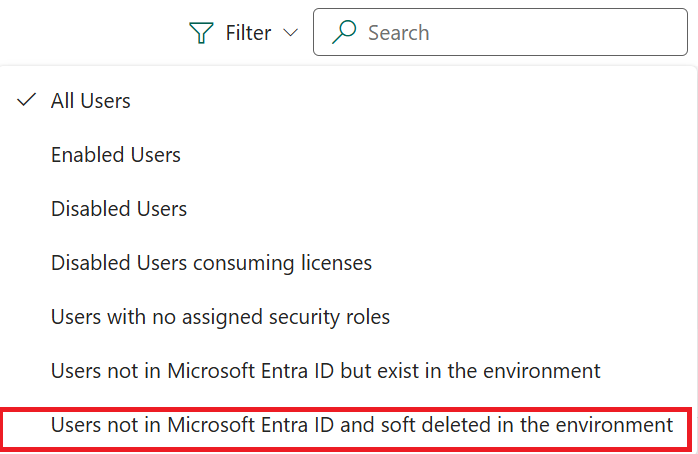 Selecione Filtro no menu superior para usuários que não estão no Entra.