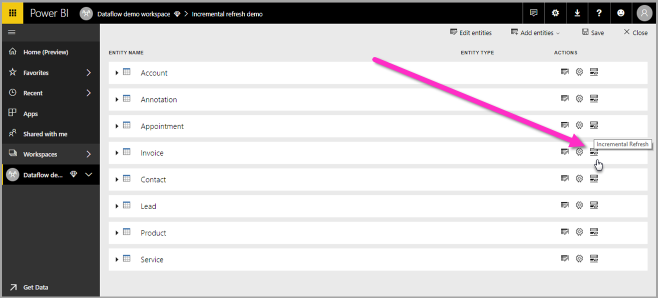 Captura de tela do Power BI com o ícone de atualização incremental para fluxos de dados enfatizado.