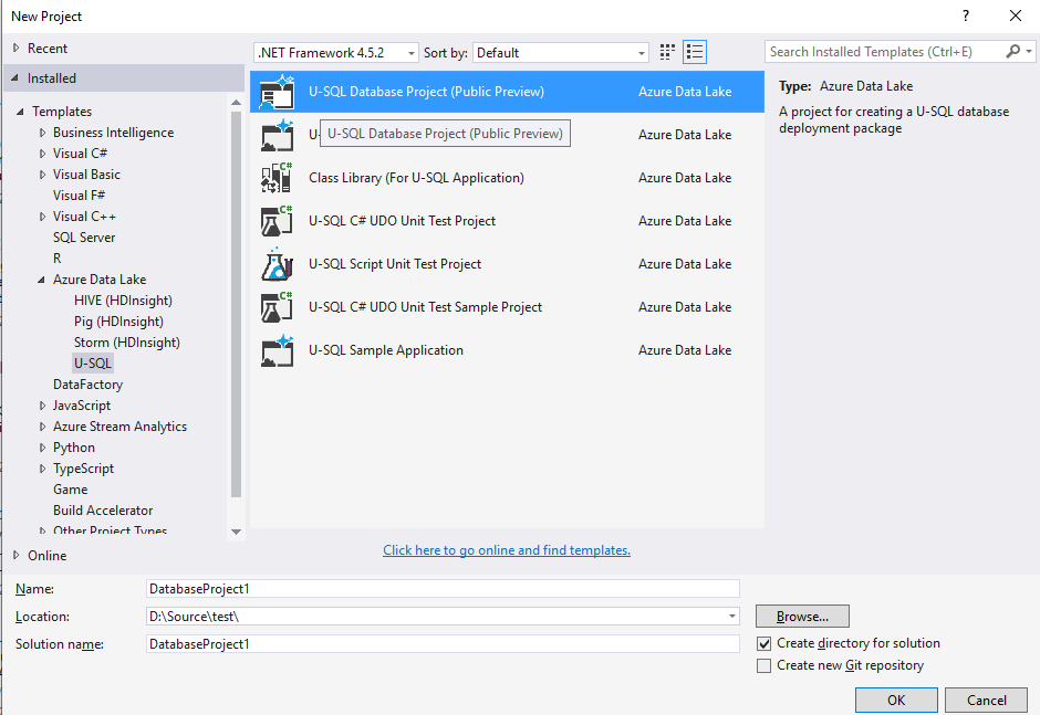 Ferramentas do Data Lake para Visual Studio – Criar projeto de banco de dados U-SQL