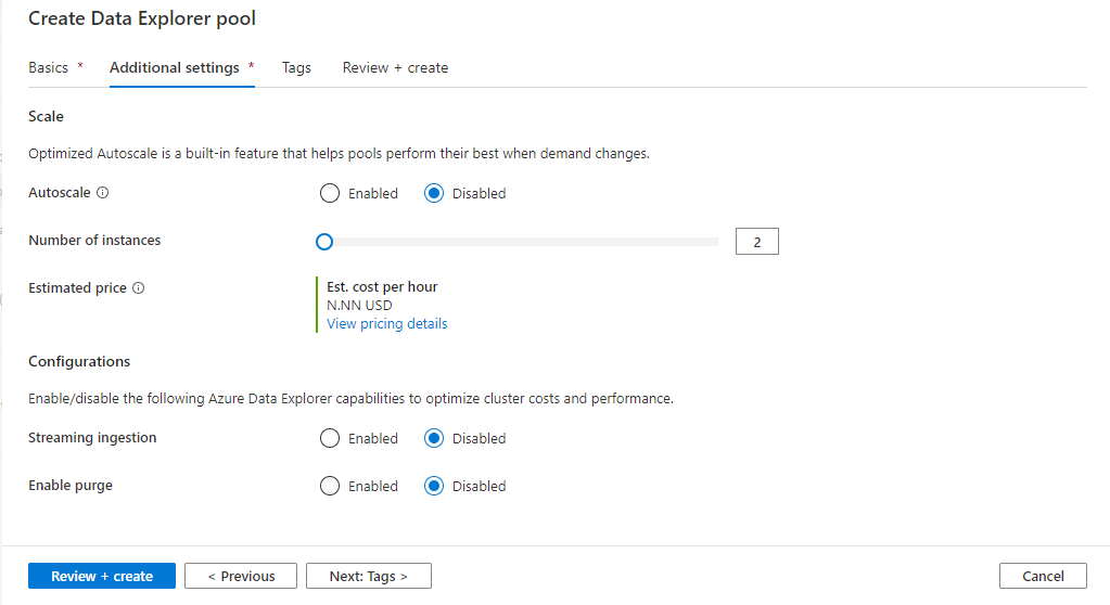 Configurações avançadas para o novo pool do Data Explorer do Synapse Studio