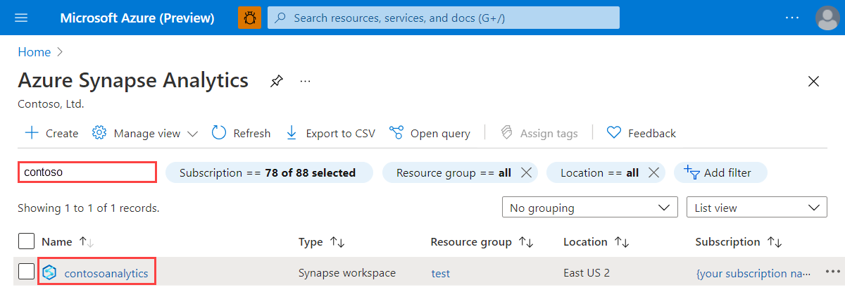 Listagem de workspaces do Synapse filtrados para mostrar aqueles que contêm o nome Contoso.