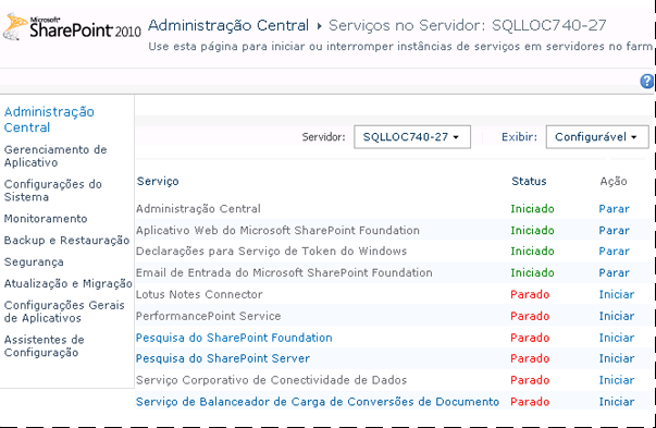 Captura de tela da página Gerenciar Serviços no Servidor