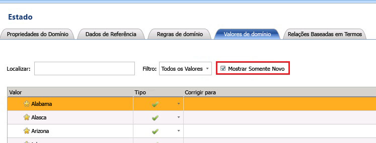 Caixa de seleção Mostrar Somente Novos em Valores do Domínio