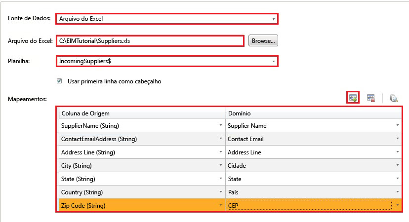 Mapeamentos de colunas do Excel para Domínios