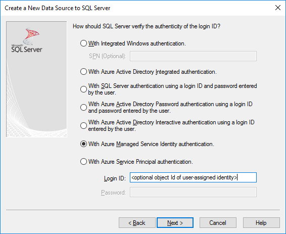 A tela de criação e edição de DSN com autenticação de Managed Service Identity (Identidade de Serviço Gerenciado) selecionada.