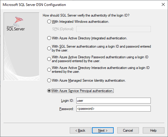 A tela de criação e edição do DSN com a autenticação de principal de serviço do Microsoft Entra selecionada.