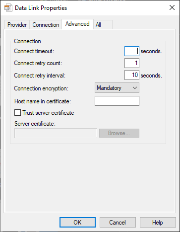 Captura de tela das Páginas de Link de Dados do OLE DB – Aba Avançada.