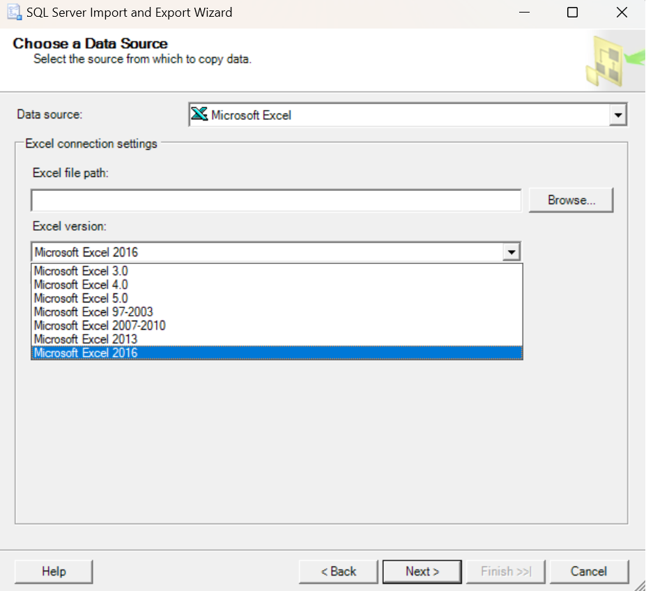 Captura de tela do Assistente de Importação e Exportação do Excel no SSMS com o Microsoft Excel 2016 selecionado.