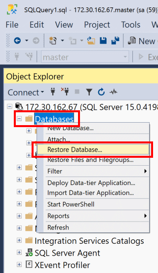 Captura de tela que mostra as opções de menu do SSMS para restaurar um banco de dados.