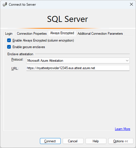 Captura de tela de Conectar ao servidor com atestado usando SSMS.