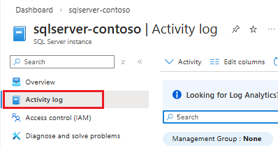 Captura de tela do log de atividades realçado para um recurso de instância do SQL Server no portal do Azure.