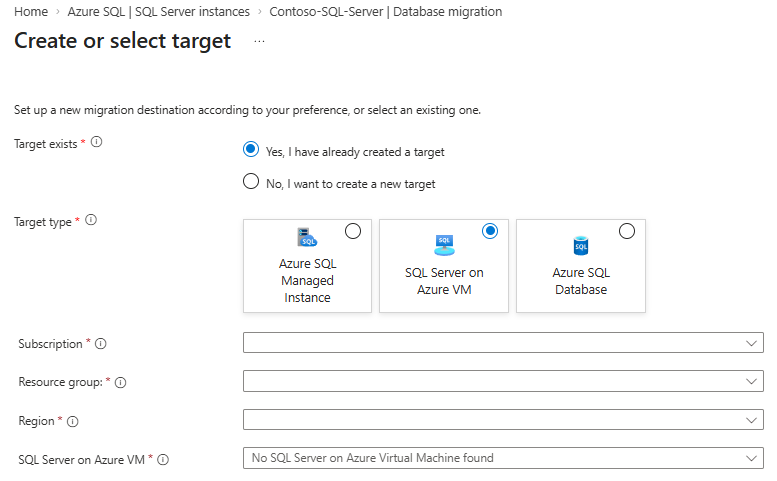 Captura de tela que mostra o painel Criar ou selecionar destino.