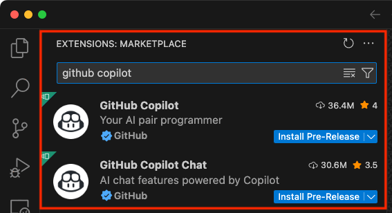 Captura de tela da extensão do GitHub Copilot no Visual Studio Code.