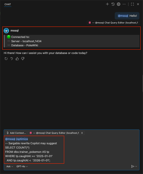 Captura de tela mostrando a sugestão de comando de barra /optimize para uma consulta sargable.