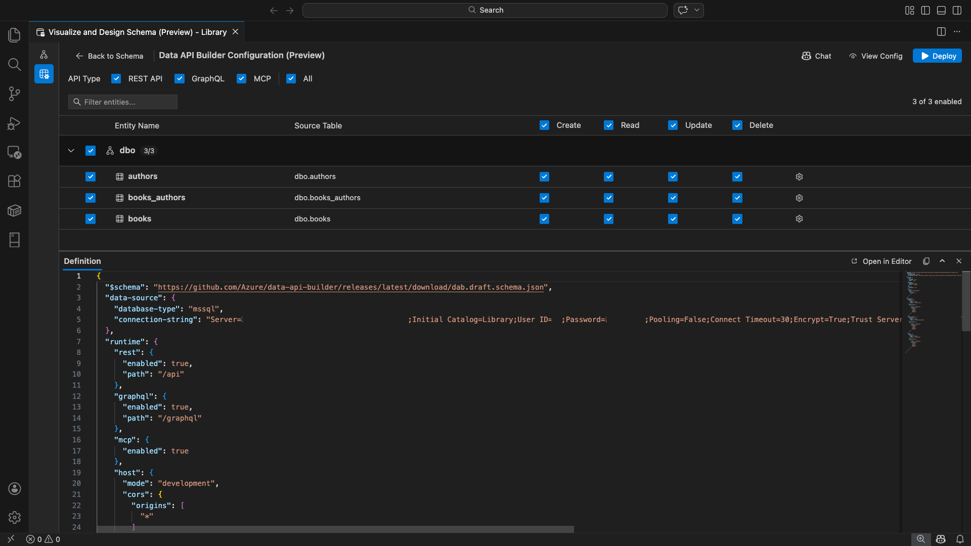 Captura de tela da interface do usuário do Construtor de API de Dados com lista de entidades e caixas de seleção CRUD no Visual Studio Code.