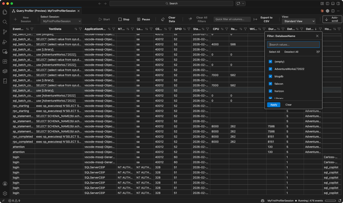 Captura de tela do filtro de coluna DatabaseName mostrando uma lista de caixas de seleção de bancos de dados disponíveis.
