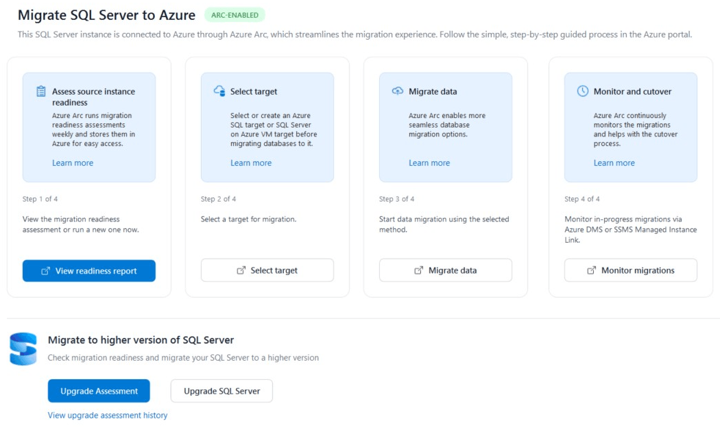Screenshot da guia Migração mostrando opções de migração para instâncias de SQL Server habilitadas por Azure Arc.