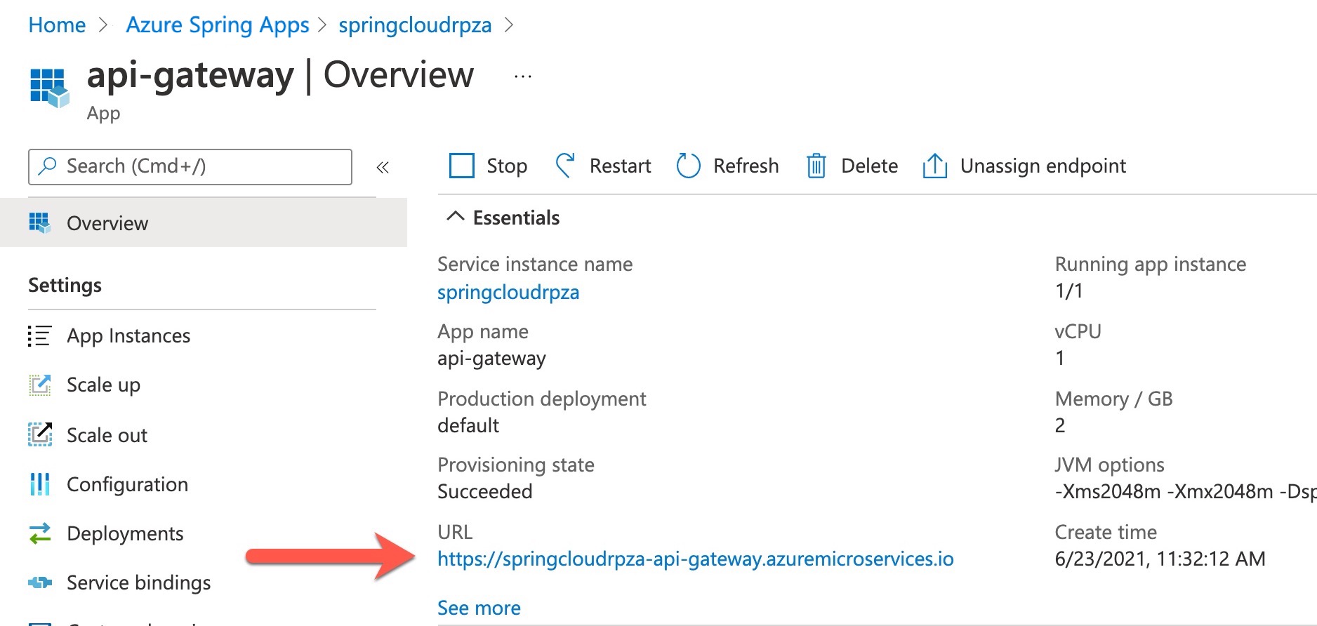 Captura de tela que mostra a URL do gateway dos Aplicativos Spring.