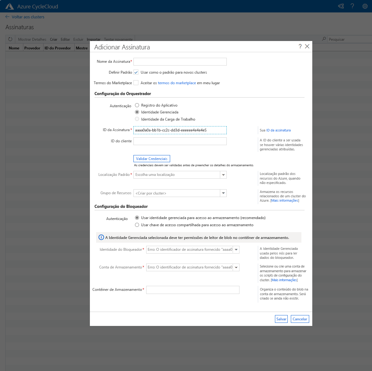Captura de tela mostrando a janela pop-up Adicionar Assinatura na frente do aplicativo Web do Azure CycleCloud.