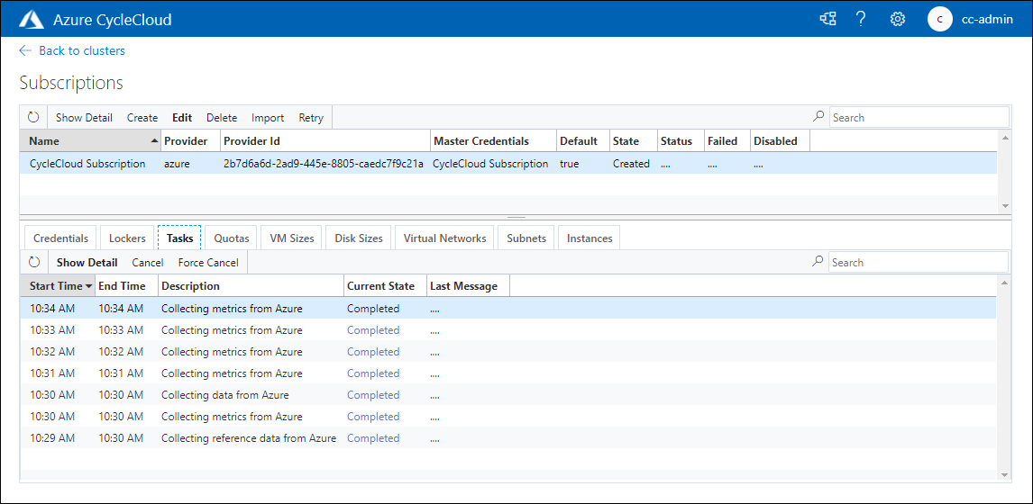 Captura de tela mostrando a página Assinaturas do aplicativo Web do Azure CycleCloud, com a entrada representando a assinatura recém-adicionada.