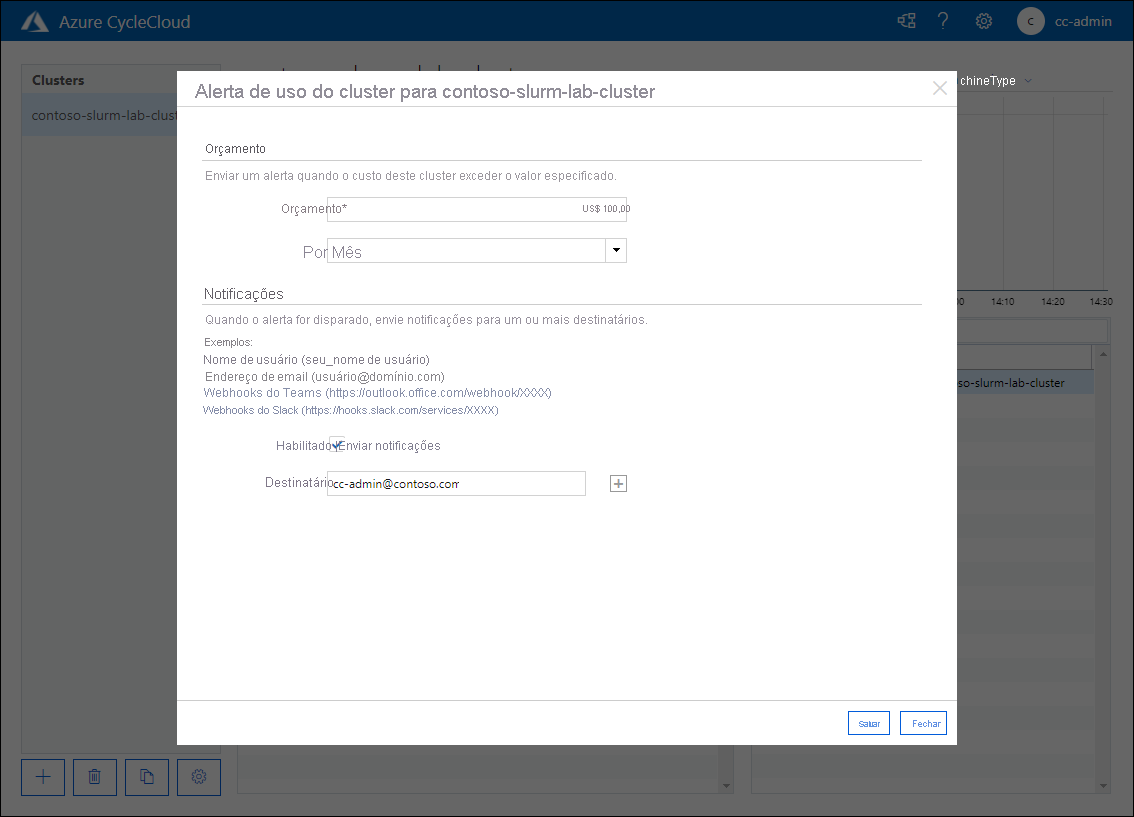 Captura de tela que mostra a janela pop-up Alerta de uso do cluster para contoso-slurm-lab-cluster no aplicativo Web do Azure CycleCloud.