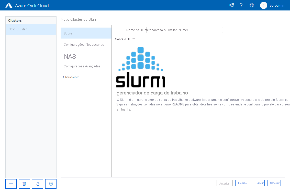 Captura de tela que mostra a guia Sobre da página Novo Cluster do SLURM do aplicativo Web do Azure CycleCloud.