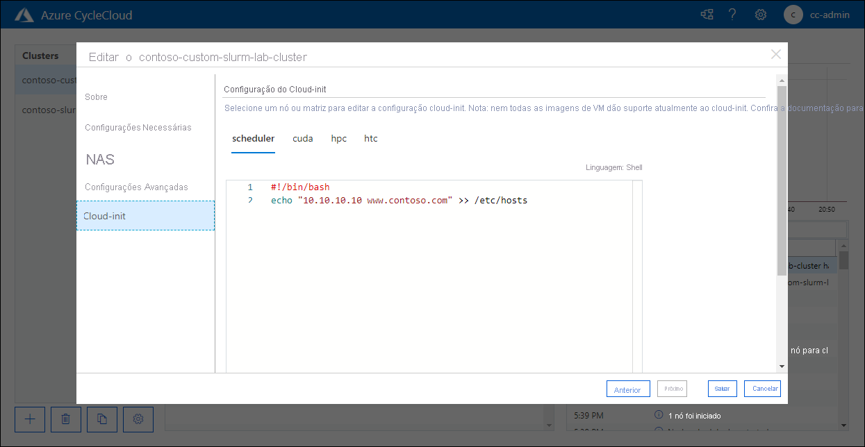 Captura de tela da guia Cloud-init da janela pop-up Editar contoso-custom-slurm-lab-cluster no aplicativo Web do Azure CycleCloud.