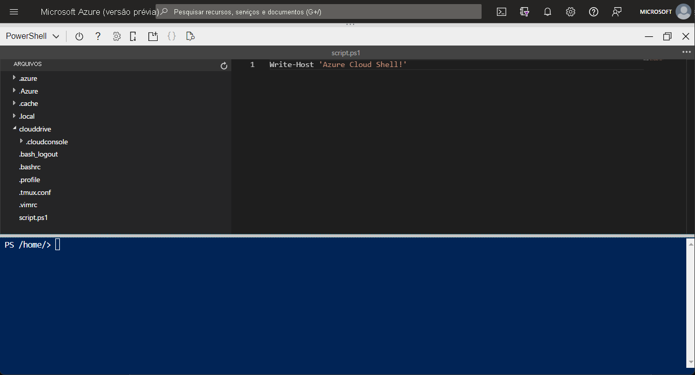 Uma captura de tela de como acessar o modo de editor do Cloud Shell.