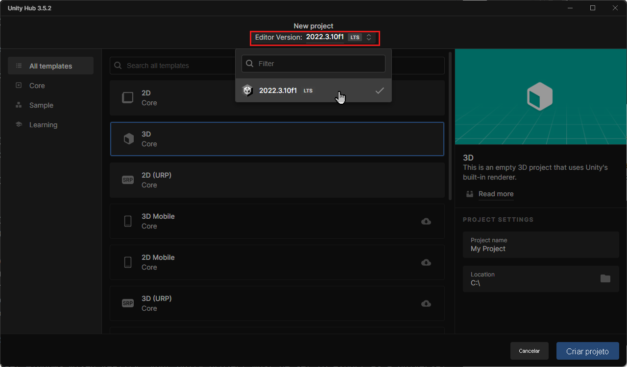 Captura de tela do Hub do Unity com a lista suspensa Versão do editor exibida.