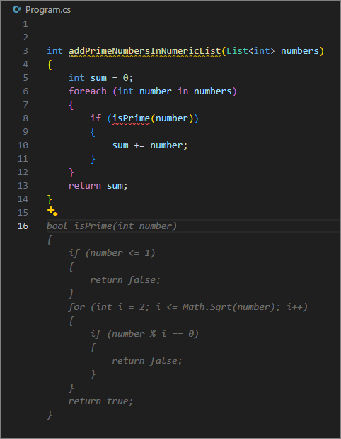 Captura de tela mostrando o preenchimento automático para adicionar o método isPrime.