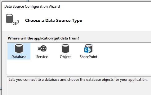 Captura de tela que mostra como selecionar o tipo de fonte de dados no Assistente de Configuração da Fonte de Dados no Visual Studio.