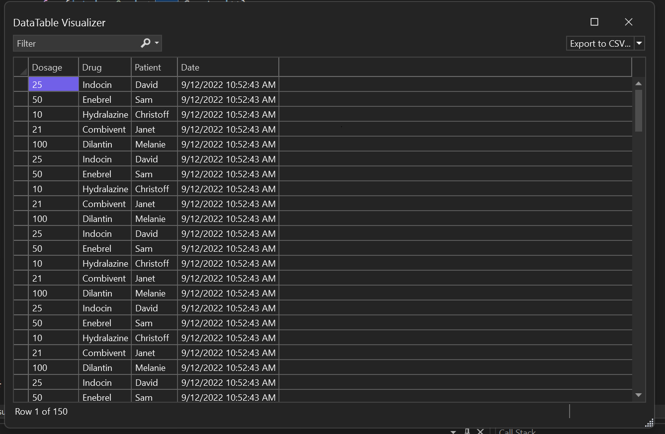Captura de&nbsp;tela de Exibição dos dados do visualizador de DataSet.