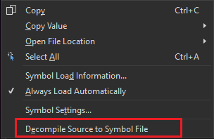 Captura de tela do menu de contexto do assembly na janela módulos com o comando decompile source.