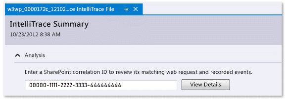 Log do IntelliTrace – Inserir ID de correlação do SharePoint