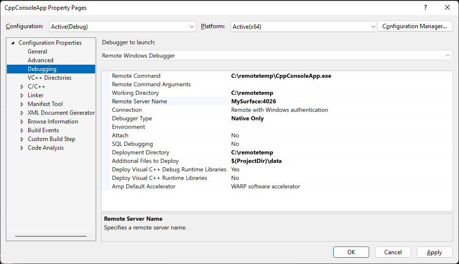 Captura de tela da guia Depuração nas Propriedades do Visual Studio Solution Explorer. A propriedade 'Depurador a ser iniciado' está definida como 