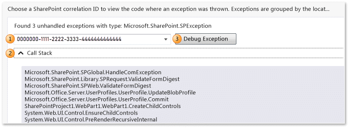 Log do IntelliTrace – exceções sem tratamento do SharePoint