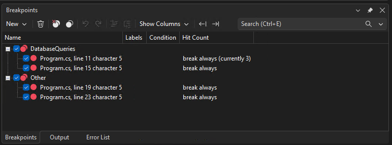 Captura de tela de grupos de pontos de interrupção.