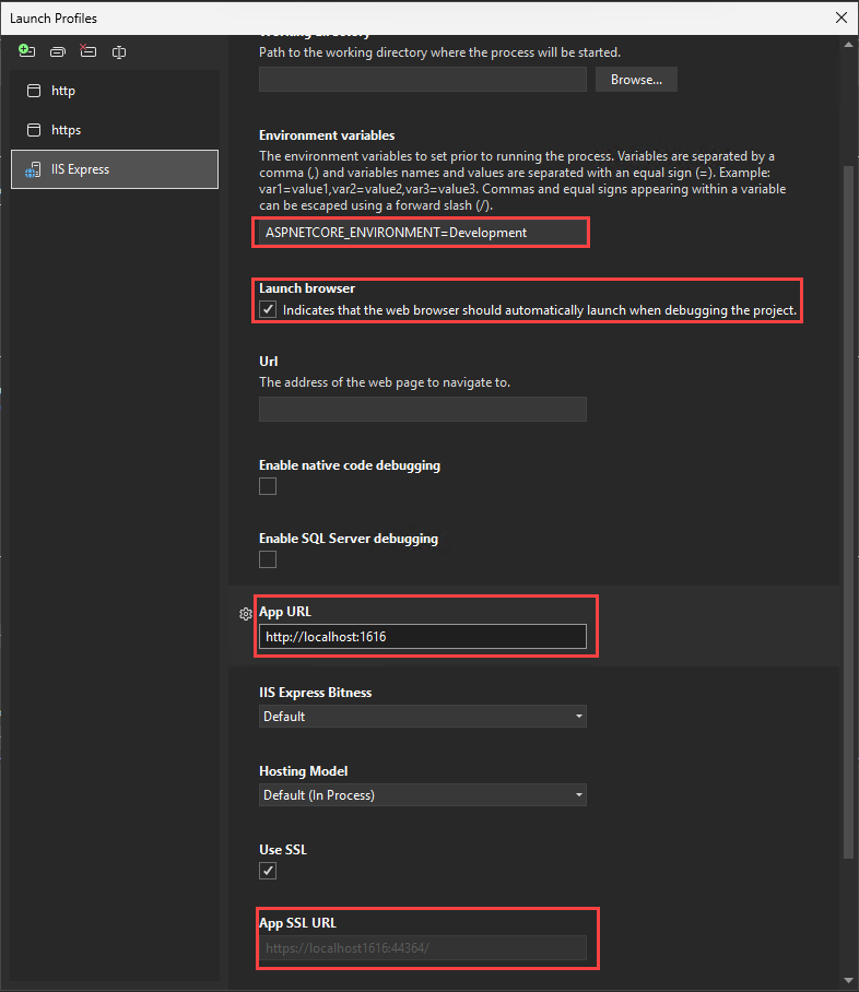 Captura de tela que mostra as configurações do depurador do ASP.NET Core.