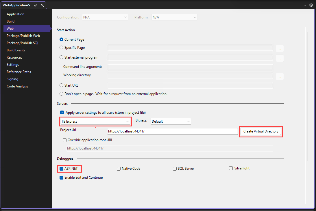 Captura de tela que mostra as configurações do depurador do ASP.NET.