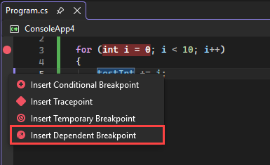 Captura de tela que mostra o comando Inserir Ponto de Interrupção Dependente.