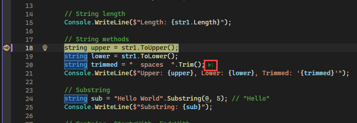 Captura de tela do depurador do Visual Studio mostrando o botão 'Executar para Clicar' à direita de uma chamada de função.
