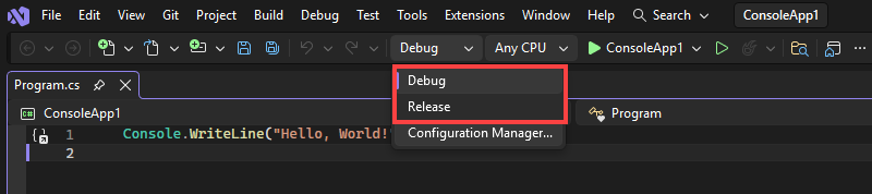 Captura de tela que mostra as configurações de build na barra de ferramentas.