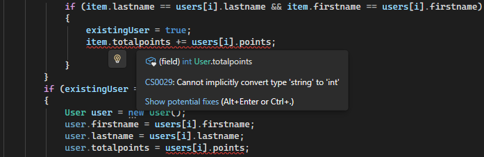 Screenshot mostrando o erro de conversão de tipo em Visual Studio.