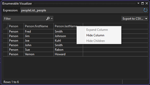 Captura de&nbsp;tela de Exibição dos dados do visualizador IEnumerable.
