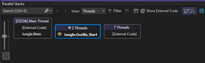 Captura de tela da visualização Threads na janela Pilhas Paralelas.