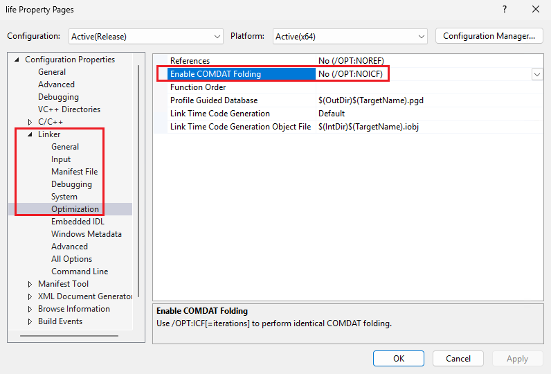 Uma captura de tela que mostra as propriedades do projeto de otimização do Vinculador.